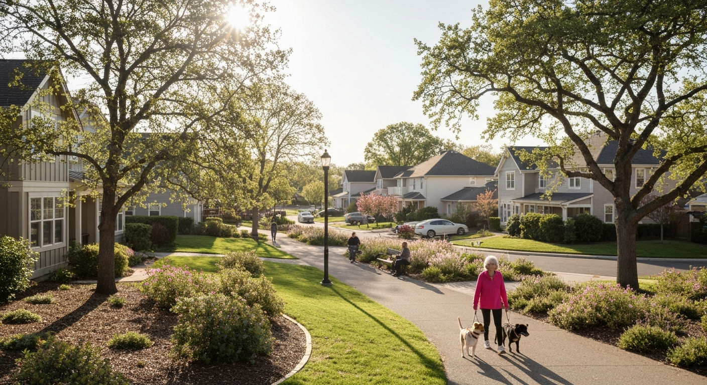 A quiet suburban neighborhood with a visible walking path and well-maintained homes