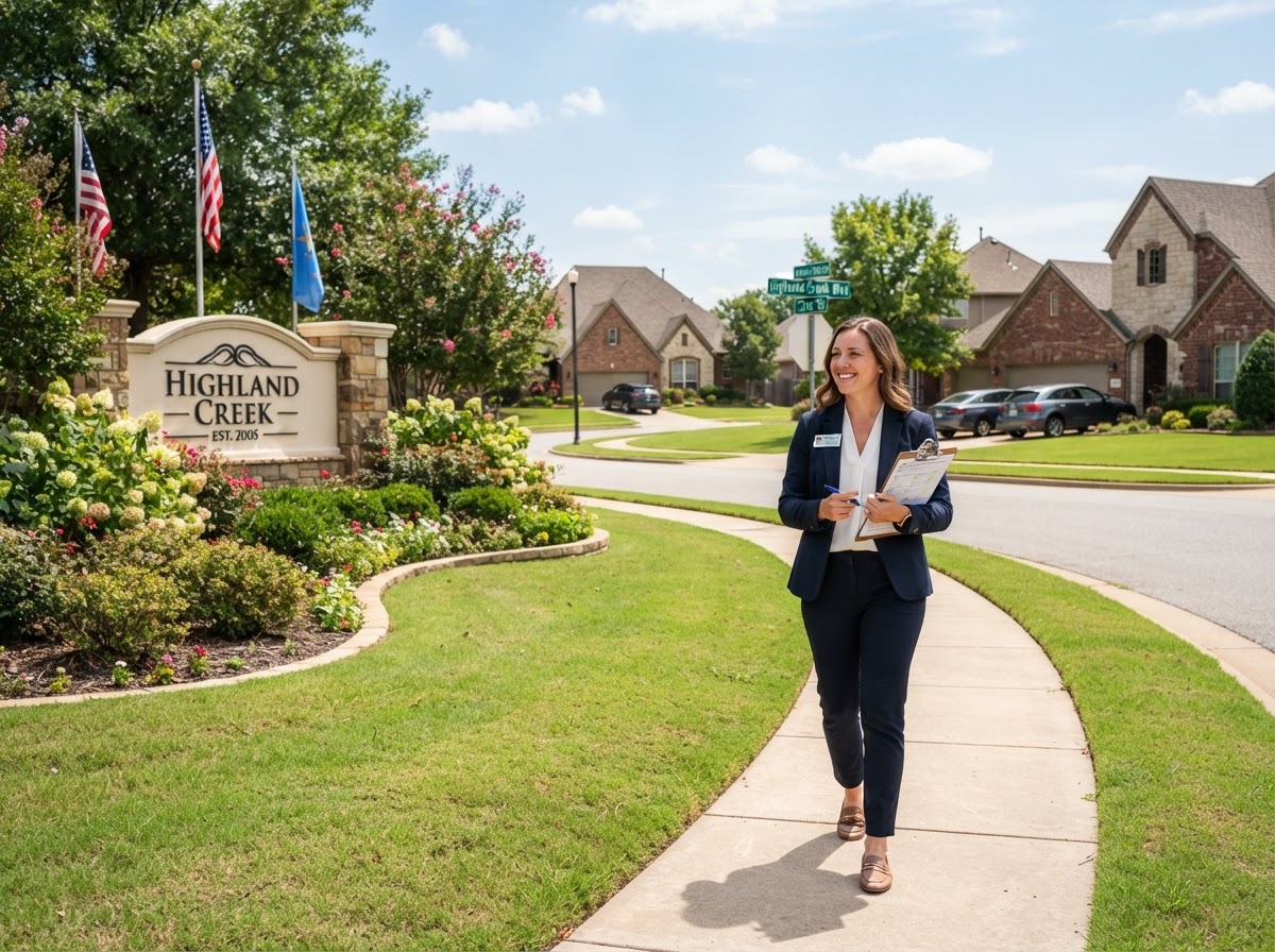 Community manager inspecting common areas in a Broken Arrow HOA neighborhood
