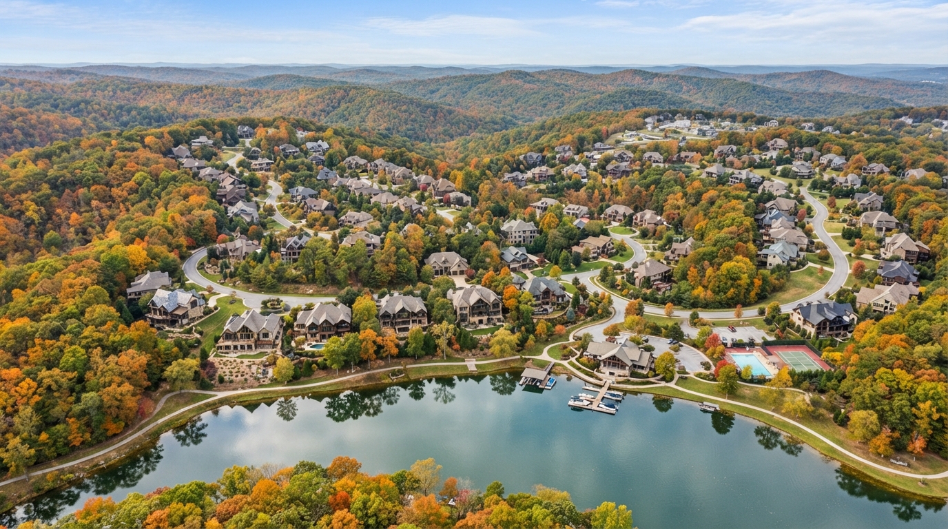 Aerial view of an Arkansas residential community in the Ozark Mountains