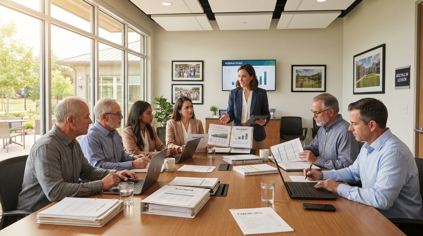 HOA board members reviewing community association documents with a professional manager