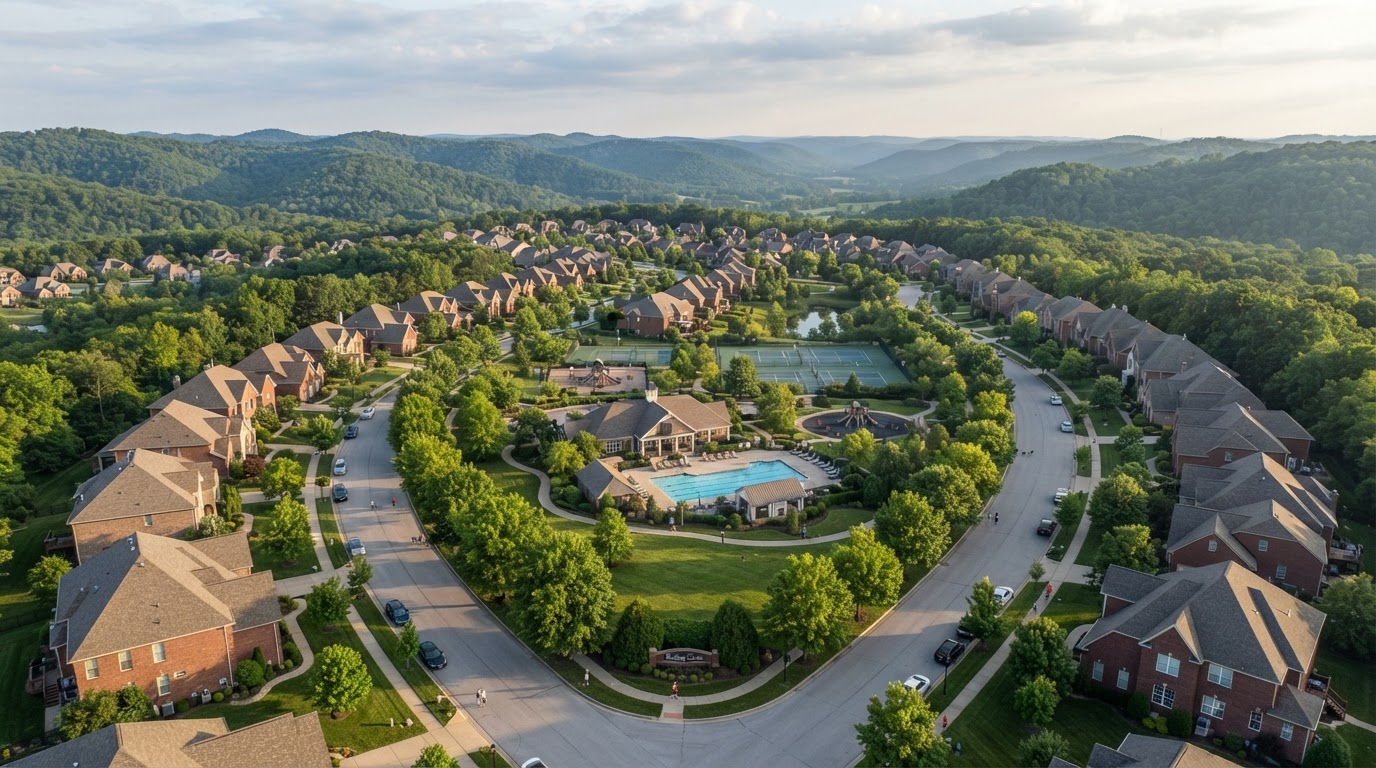 Aerial view of a suburban Missouri neighborhood with rolling hills