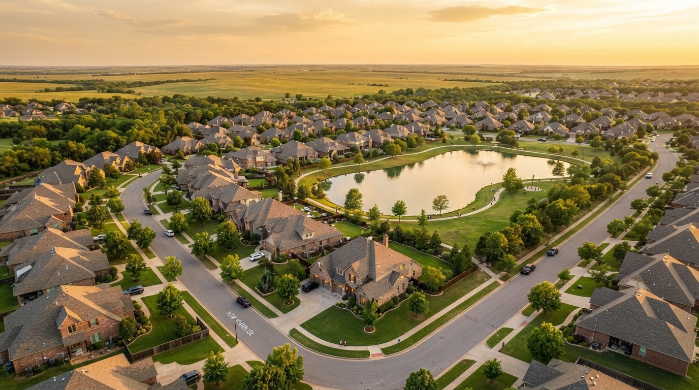 Aerial view of a suburban Oklahoma neighborhood at golden hour