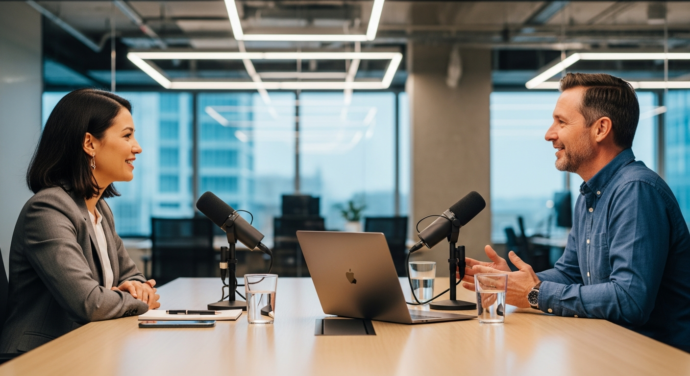 Professional HOA podcast and webinar scene in a modern office