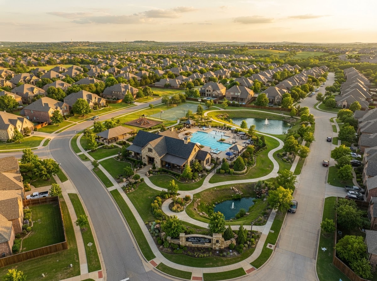 Aerial view of a well-maintained HOA community with common areas and amenities