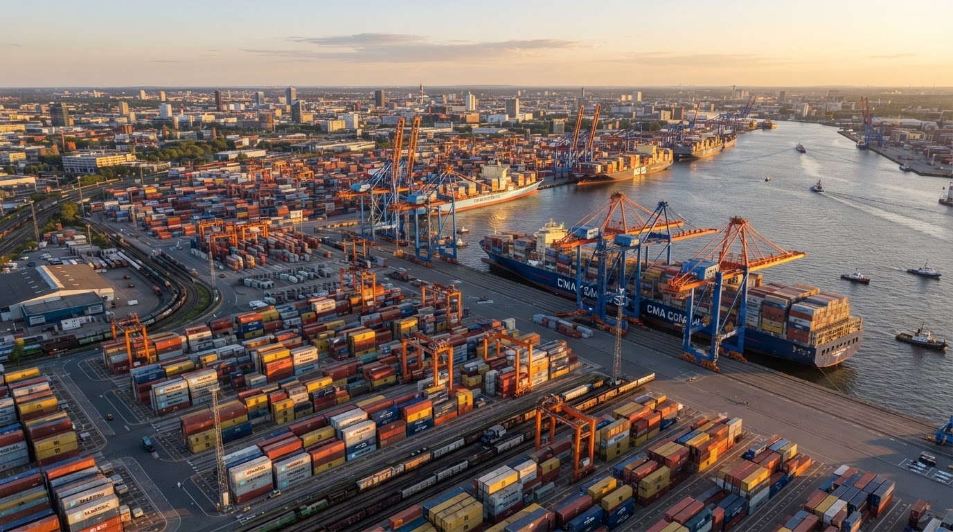 International import and export shipping port with stacked cargo containers and freight ships