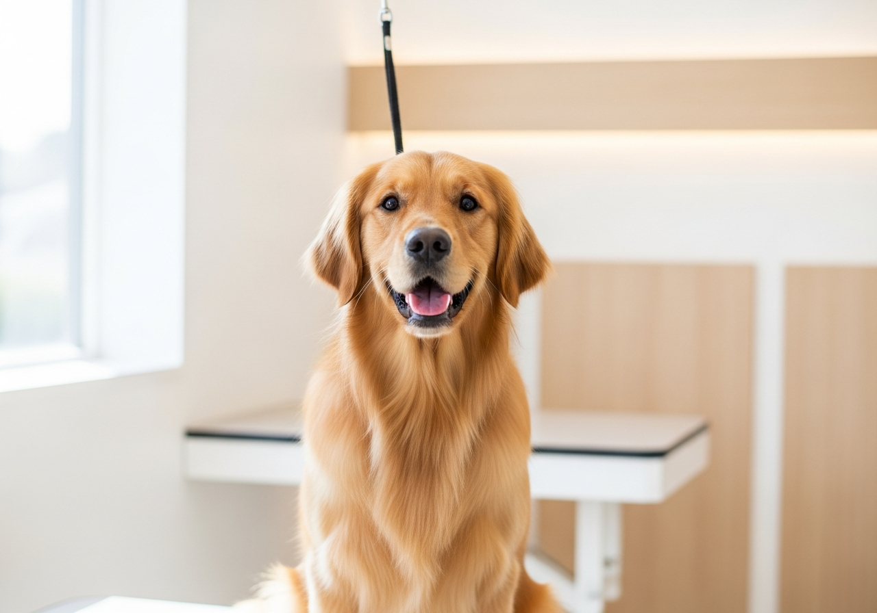 Happy clean golden retriever after grooming