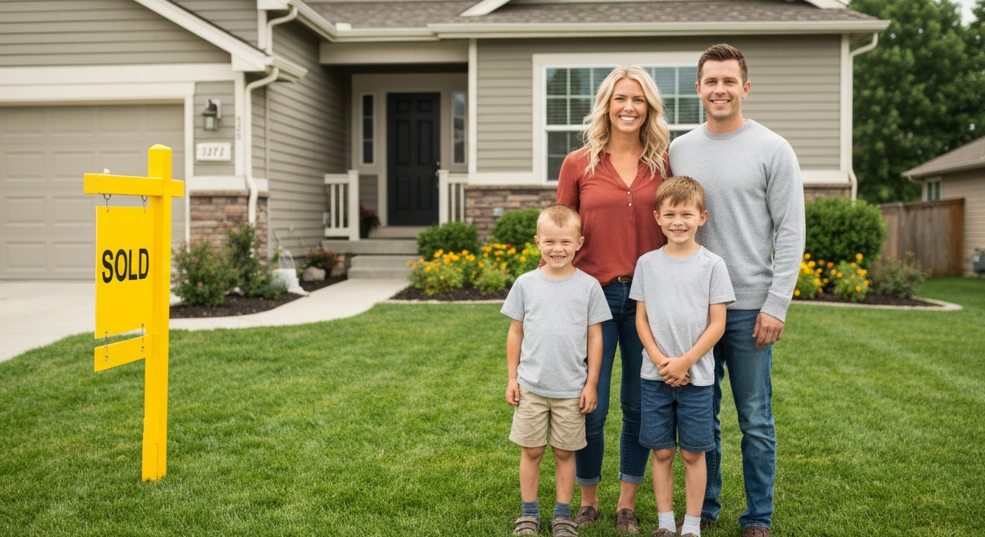 Young Utah family in front of their new home with sold sign