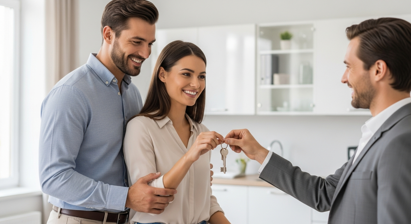 Happy couple receiving keys to their new Utah home - Scott Allen Real Estate