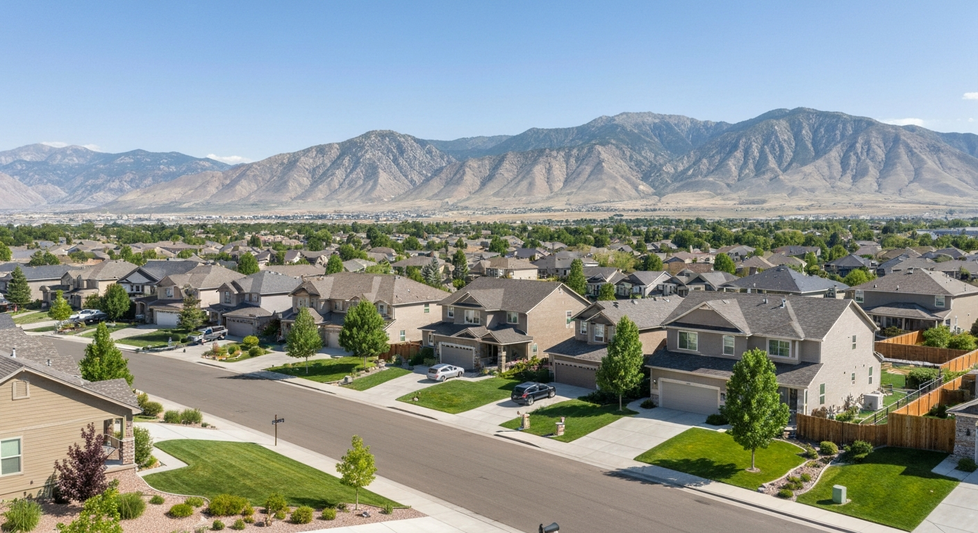 Aerial view of West Jordan and Herriman Utah neighborhoods with Oquirrh Mountains in background