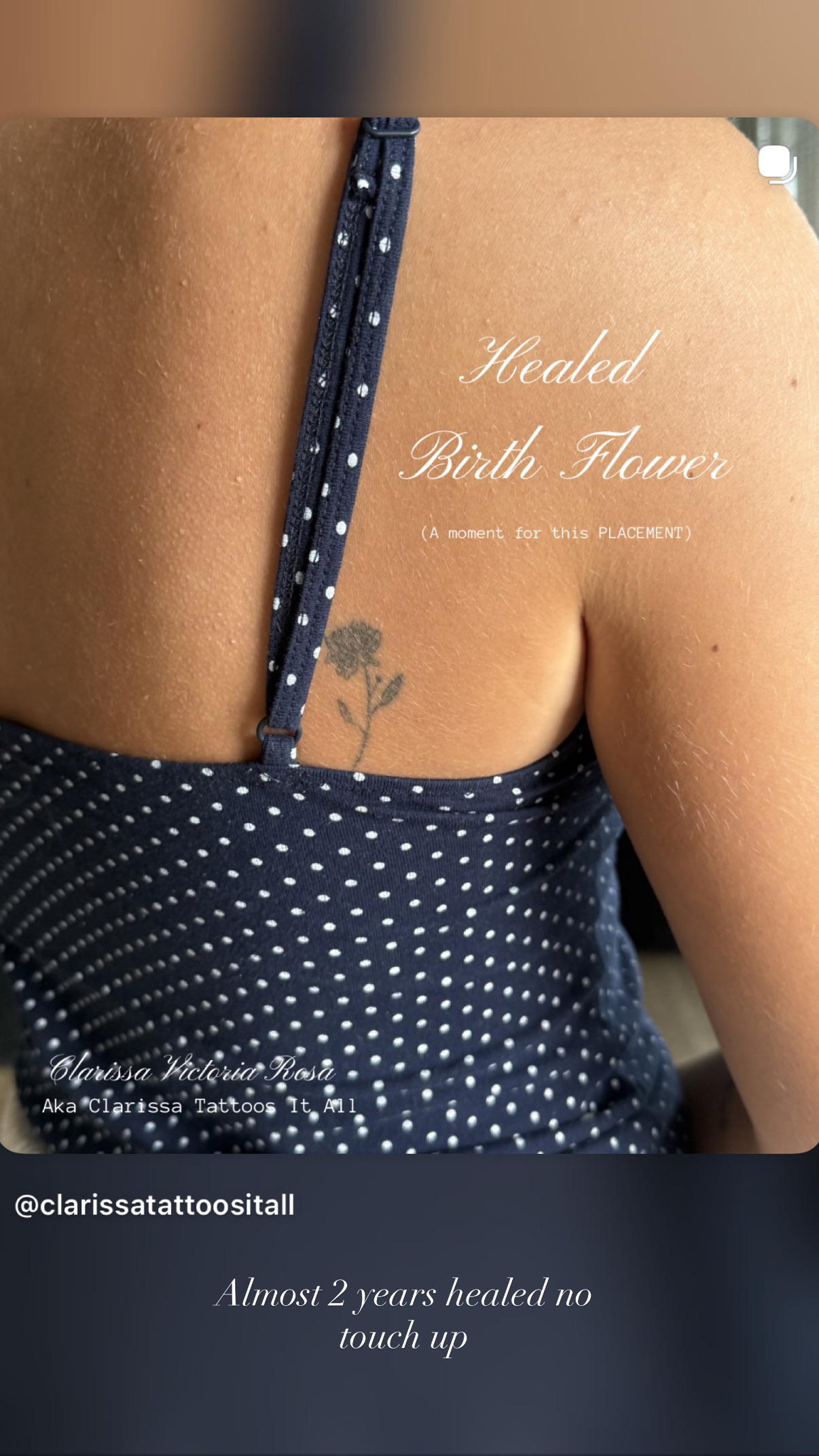Almost 2 years healed fine line birth flower tattoo on upper back