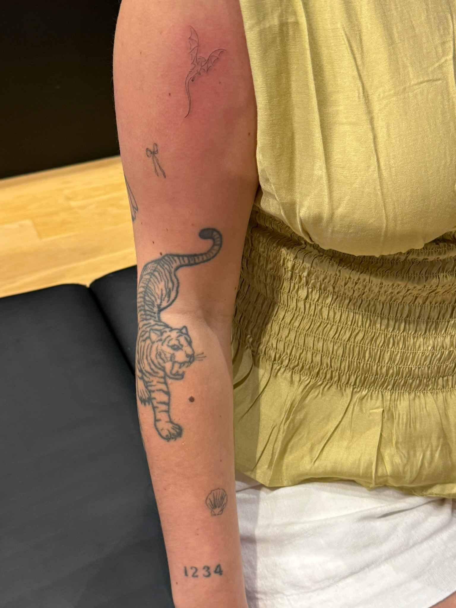 Client showing healed seashell, bow, and fresh dragon fine line tattoos on arm