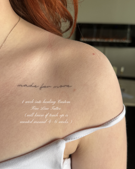 One-week healing custom fine line script tattoo reading made for more by Clarissa Victoria Rosa