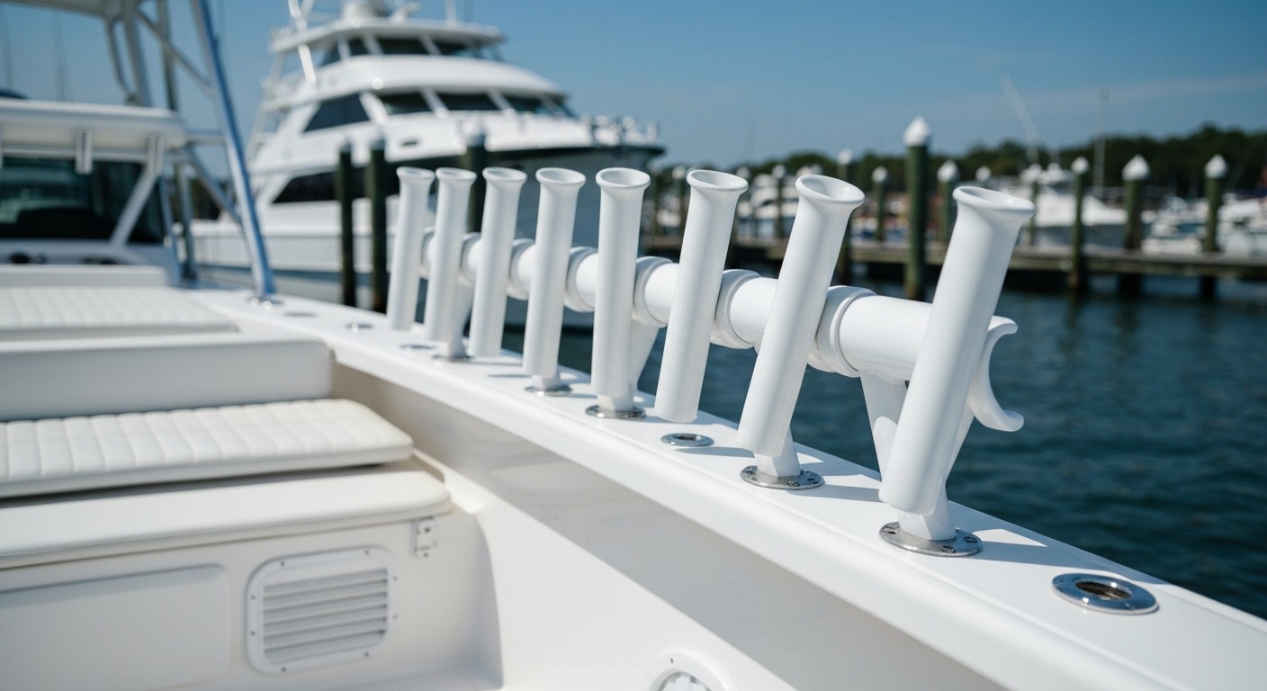 Close up of a clean white gunnel and rod holders protected by center console protection film