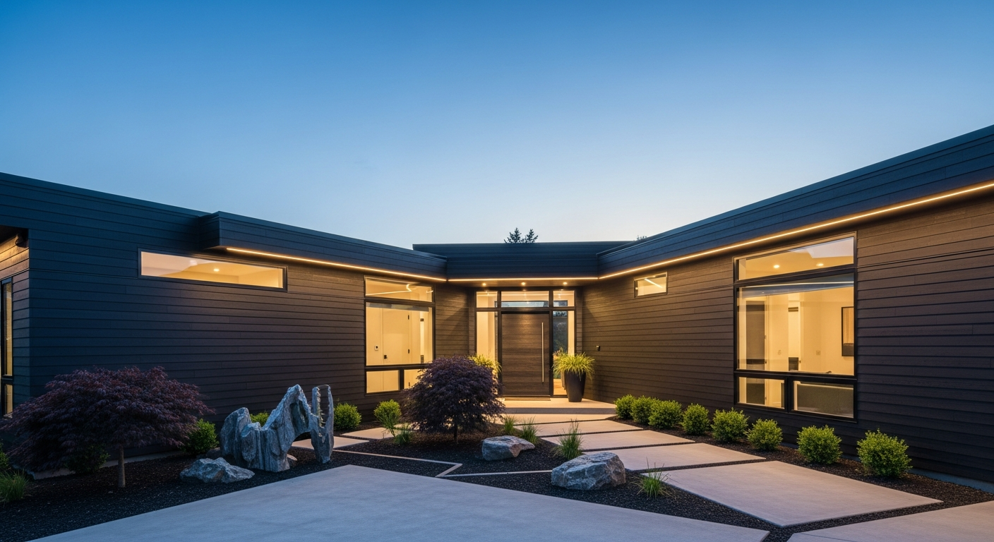 High-end modern home exterior with flawless new siding