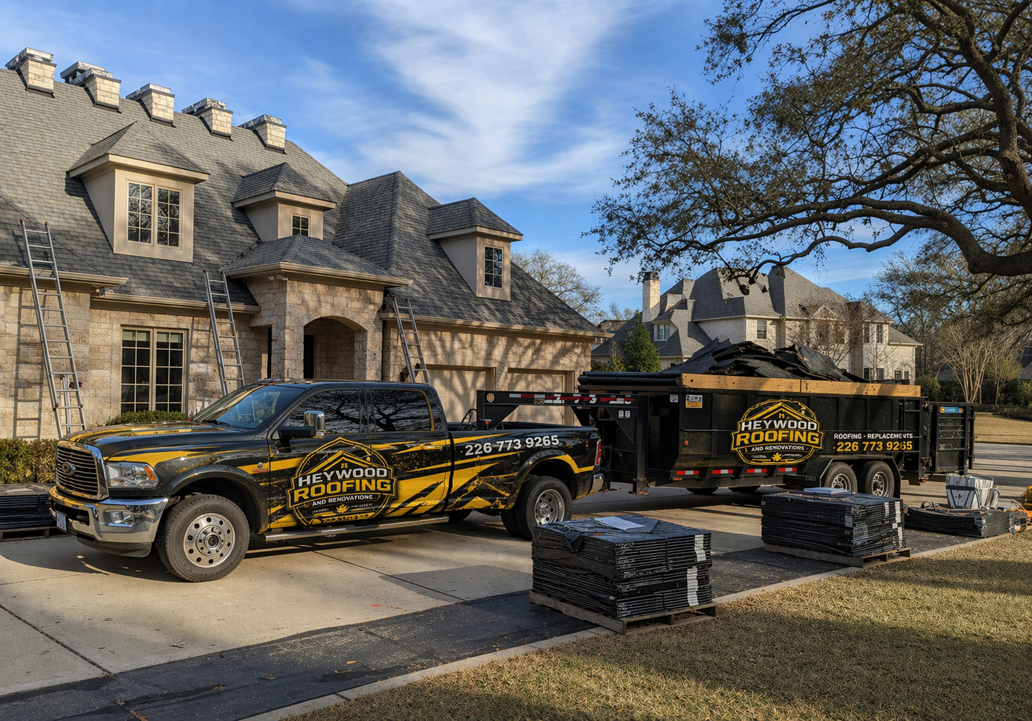Heywood Roofing jobsite truck and trailer