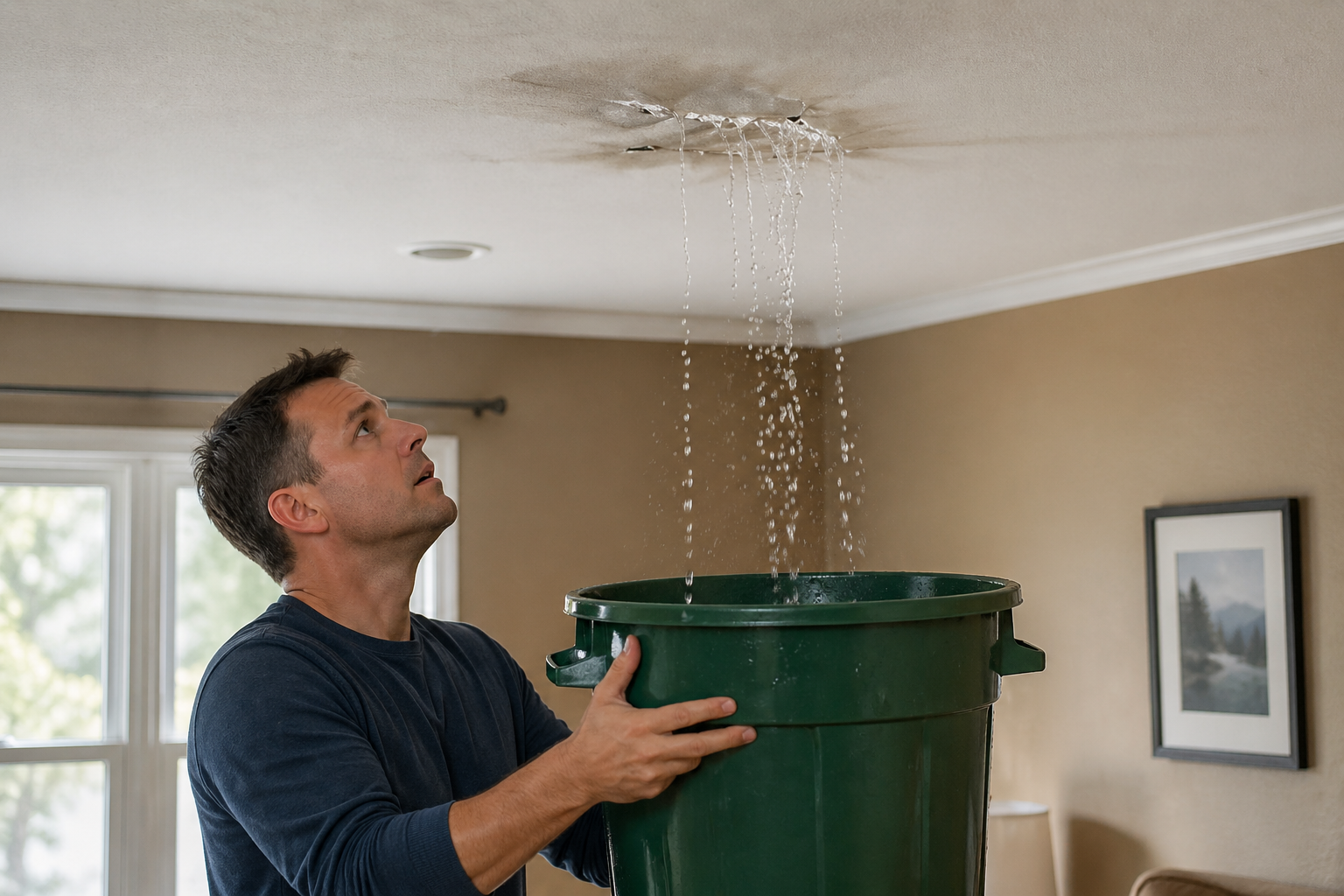 Man holding bucket under leaking ceiling