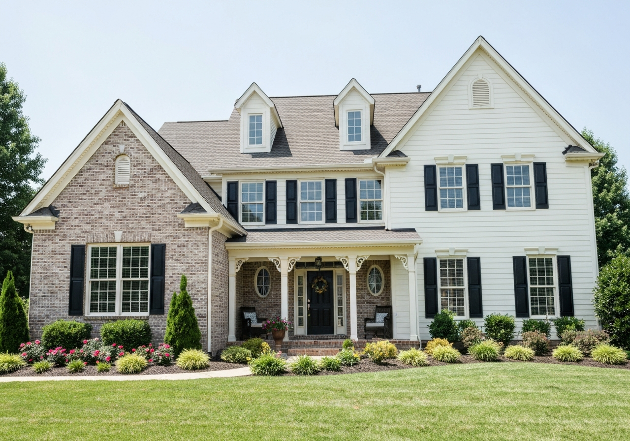 Two-story brick and siding home exterior