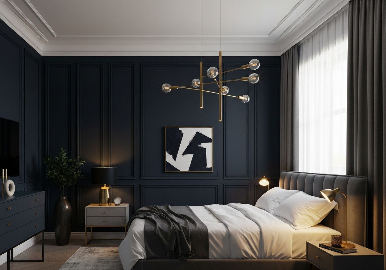 Modern bedroom with a flawless dark accent wall