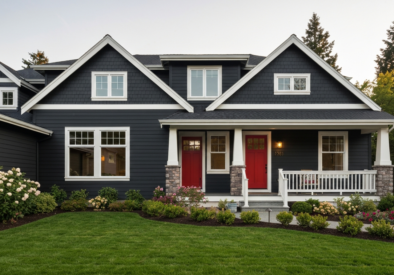 Modern craftsman exterior with dark siding