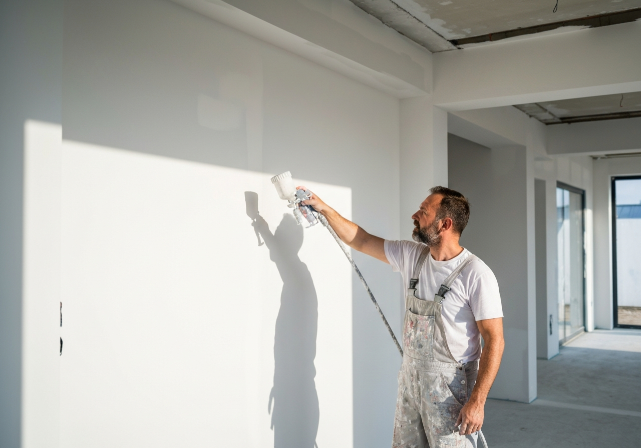 Professional painter spraying interior wall