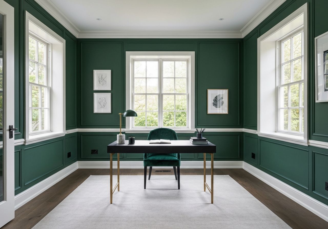 Luxurious home office with deep green walls
