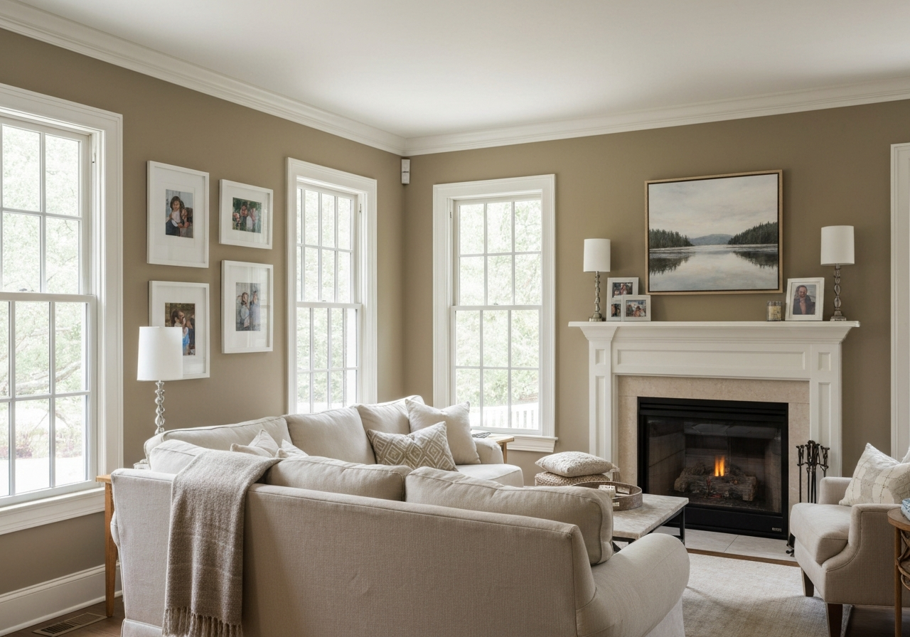 Cozy family room with warm taupe walls