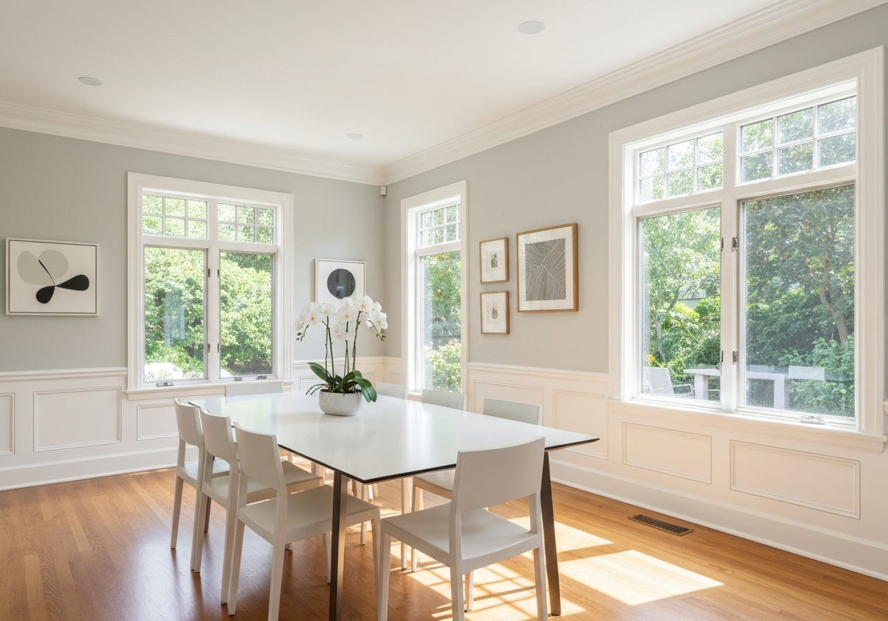 Bright dining room with crisp white trim