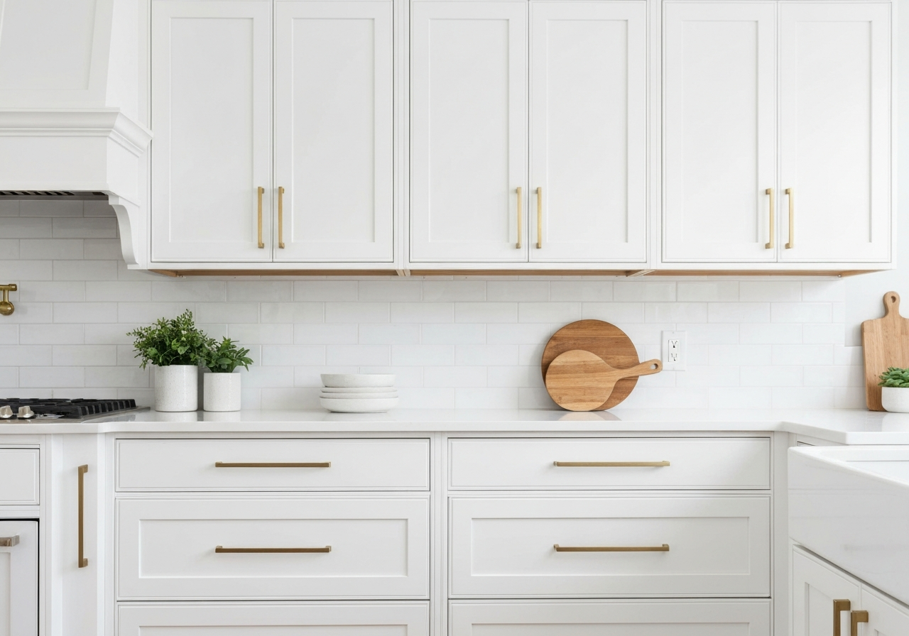 Freshly painted crisp white kitchen cabinets