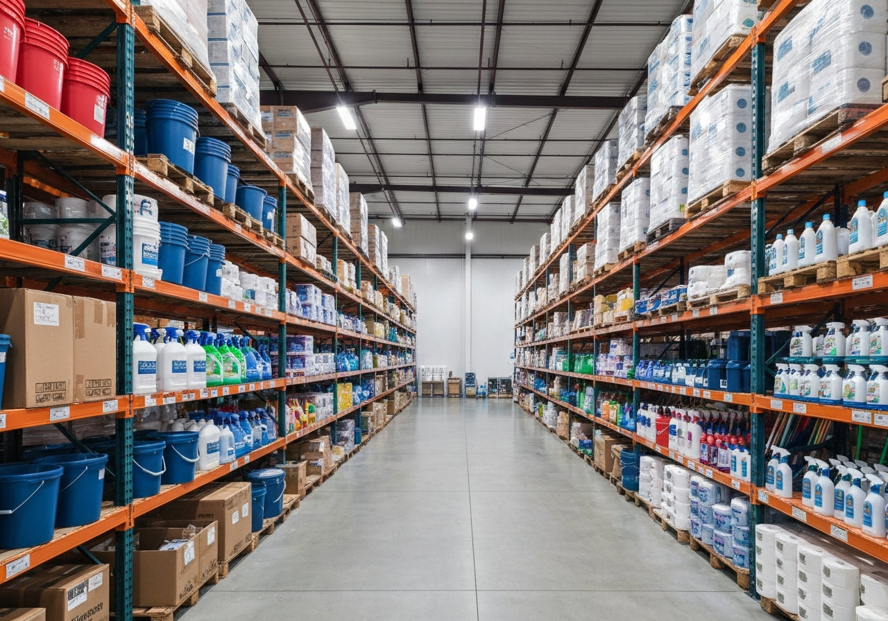 Warehouse full of cleaning supplies