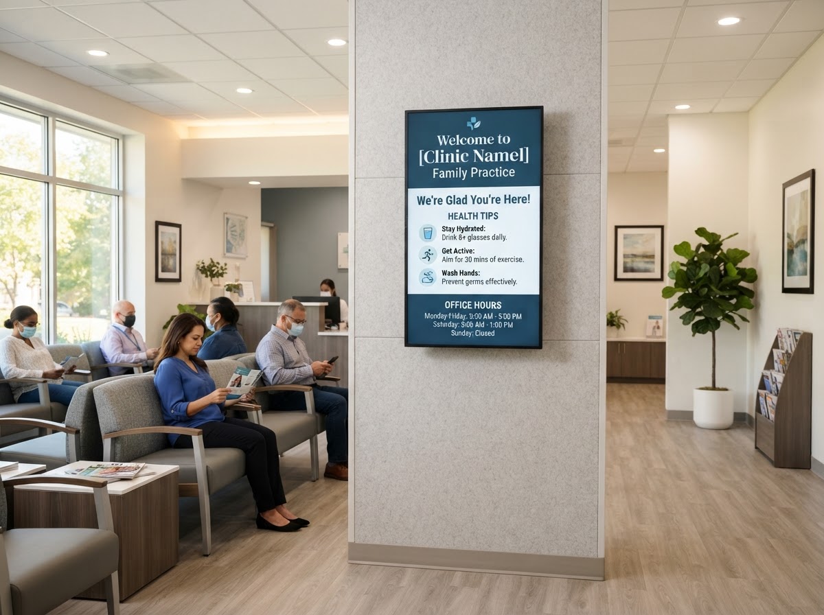 Digital signage in a medical clinic waiting room