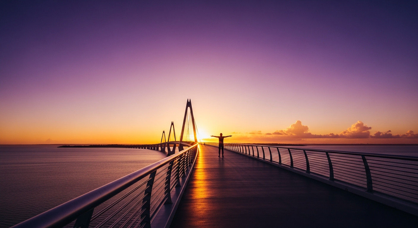 A human figure expressing freedom on a beautiful transformative bridge, open view