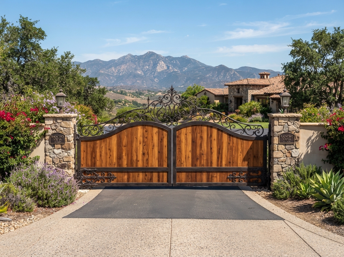 Custom wood and iron driveway gate with arched cedar panels and decorative iron scrollwork in Murrieta, CA