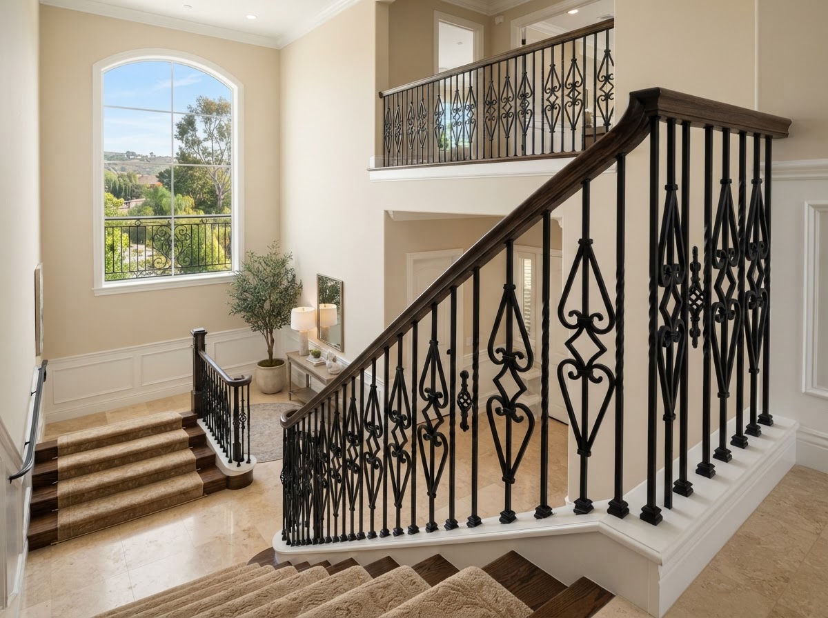 Black iron stair railing with diamond baluster pattern in a North Orange County home stairwell