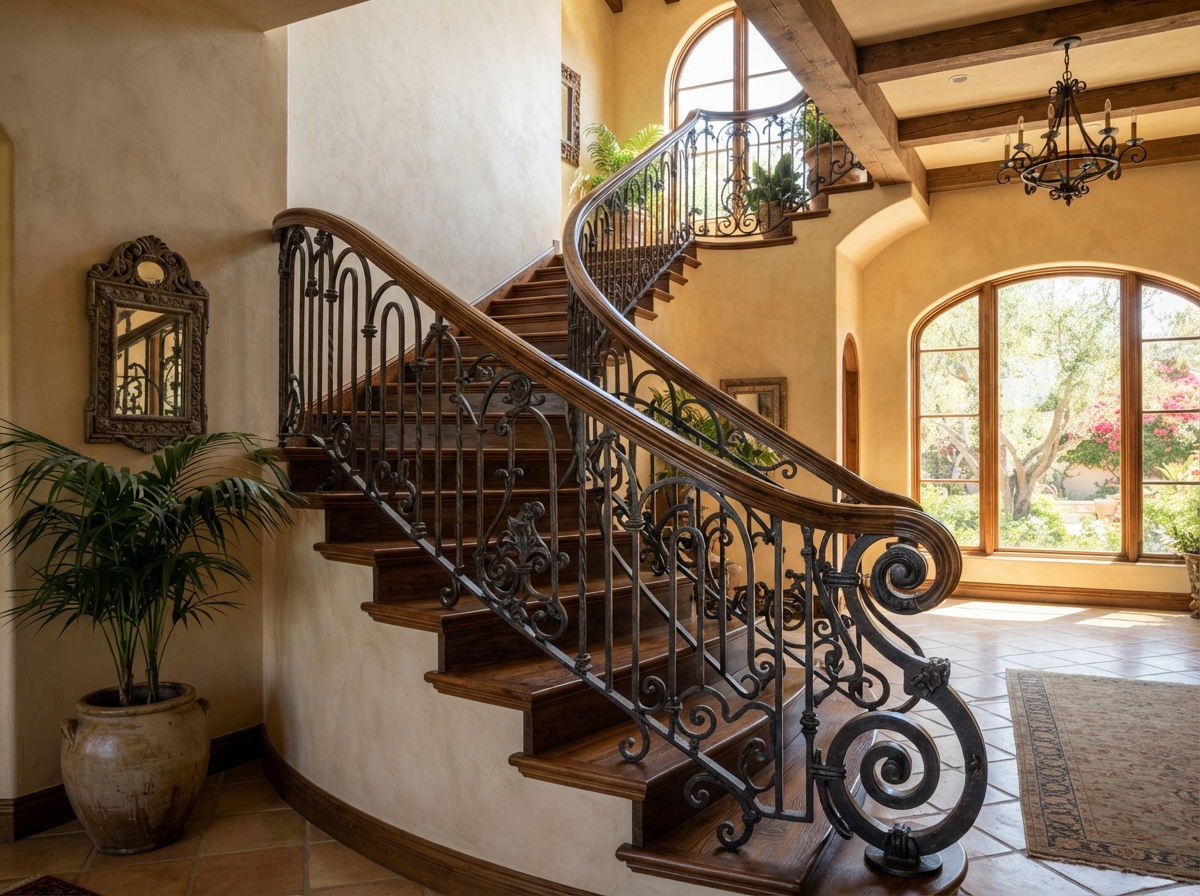 Interior wrought iron stair railing with arched balusters and decorative scrollwork in a Southern California home