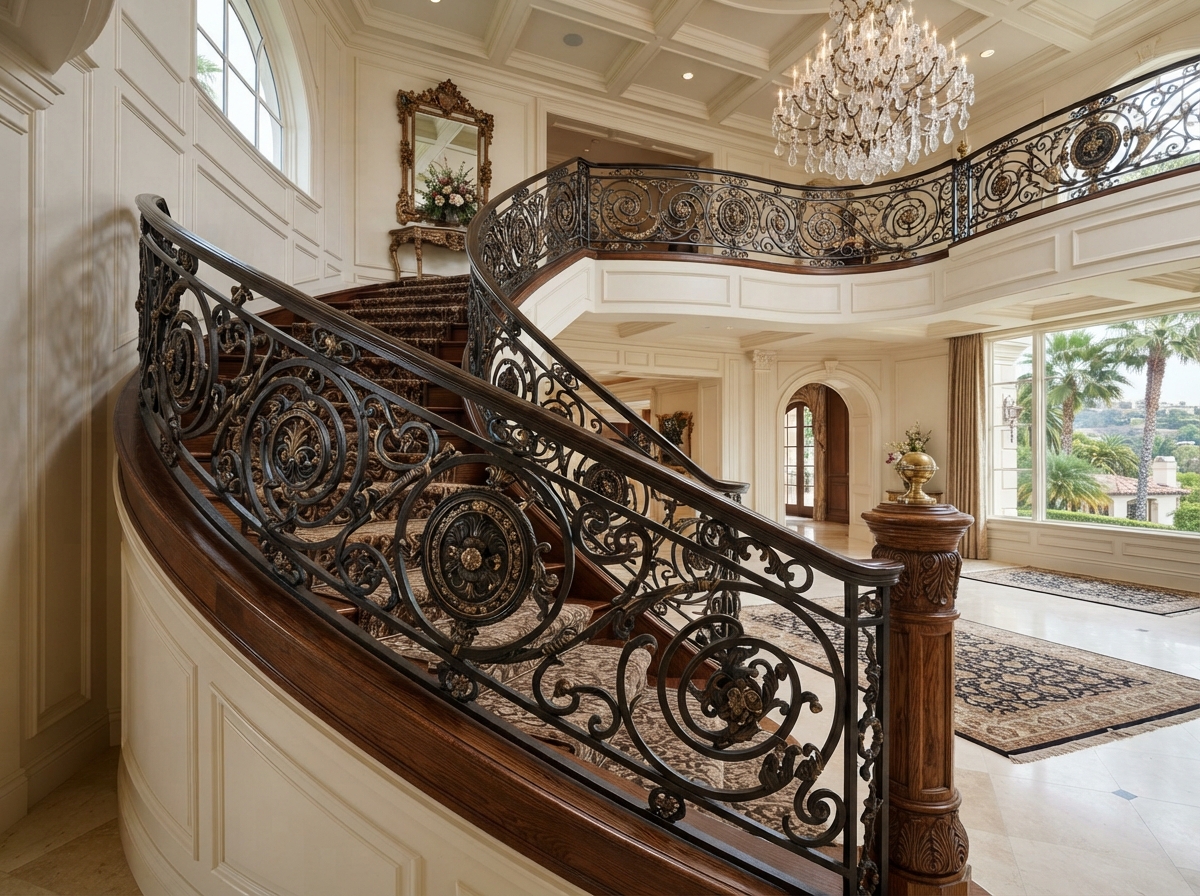 Ornate wrought iron staircase railing with decorative scrollwork and medallion details in a luxury Los Angeles estate