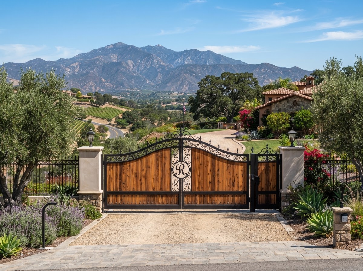 Custom wood and iron driveway gate with cedar panels and iron frame at a Temecula estate with mountain view