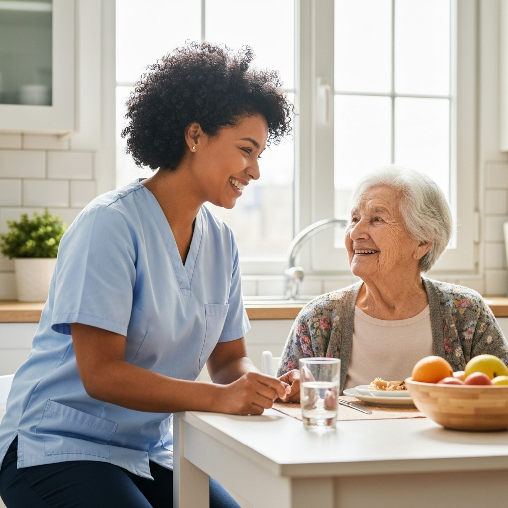 Companion and senior smiling together