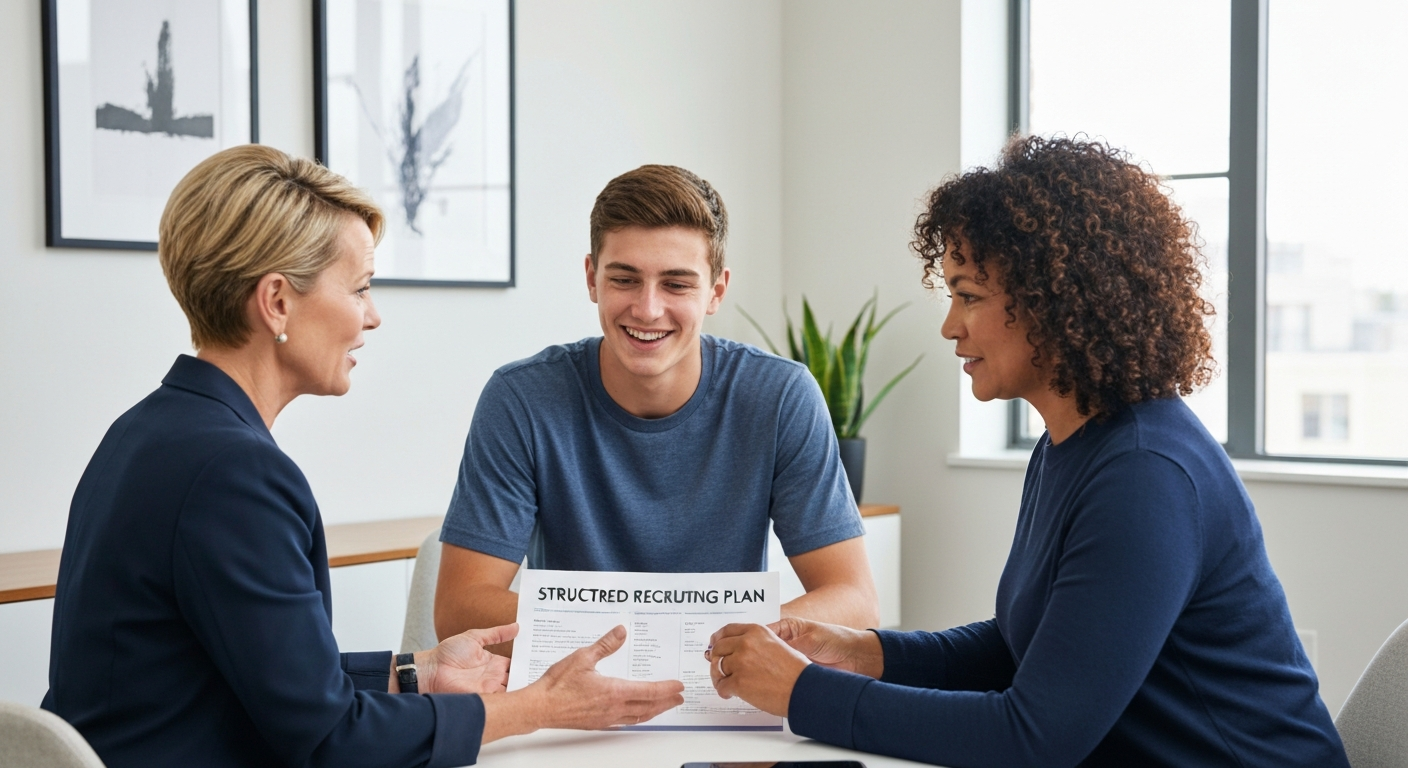 Professional advisor reviewing structured recruiting plan with athlete and parent