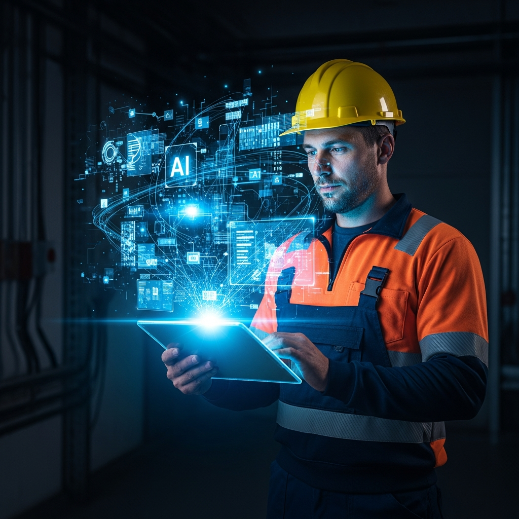 Contractor using AI technology on tablet