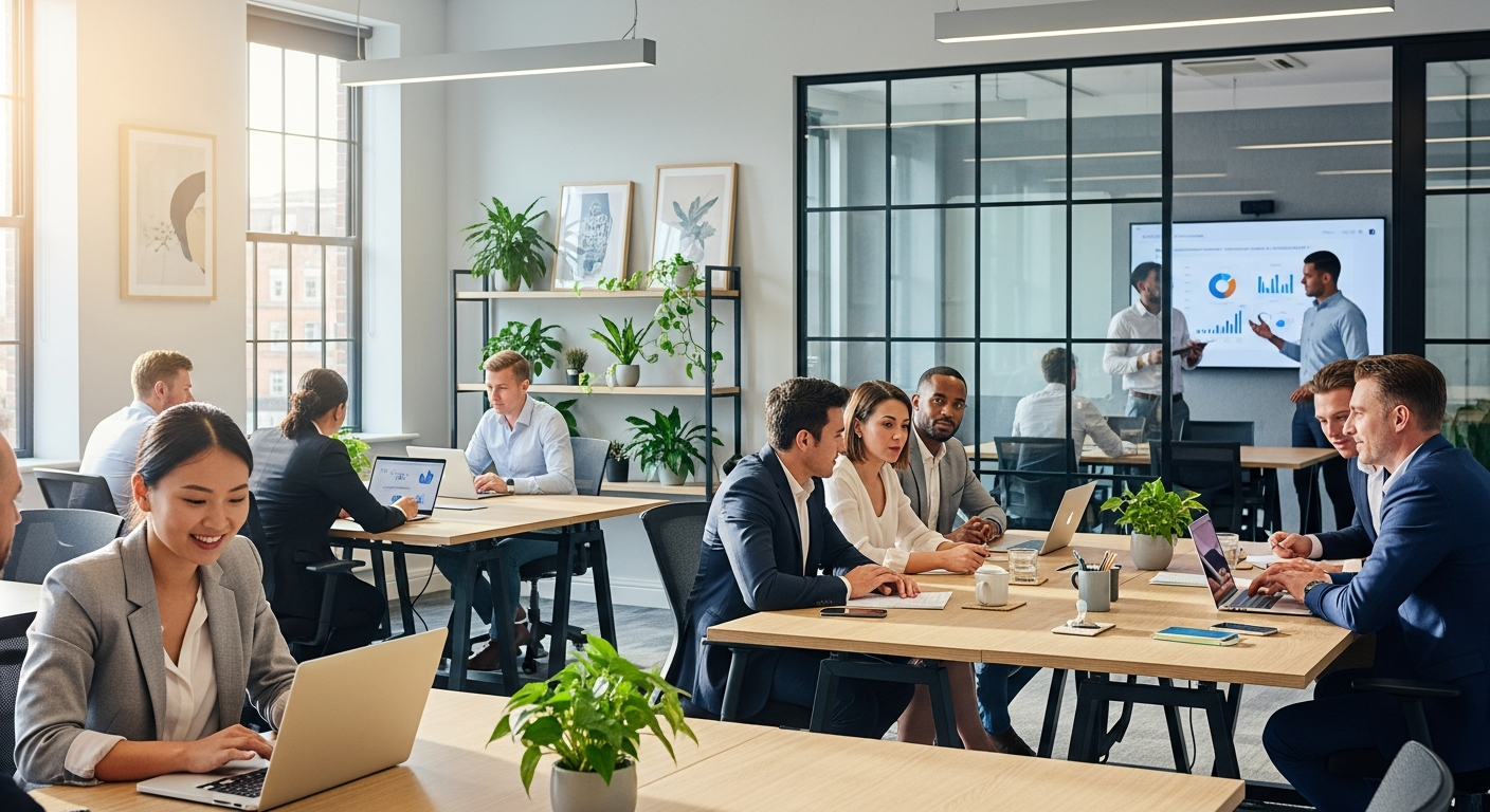 Busy modern UK office environment with professional team