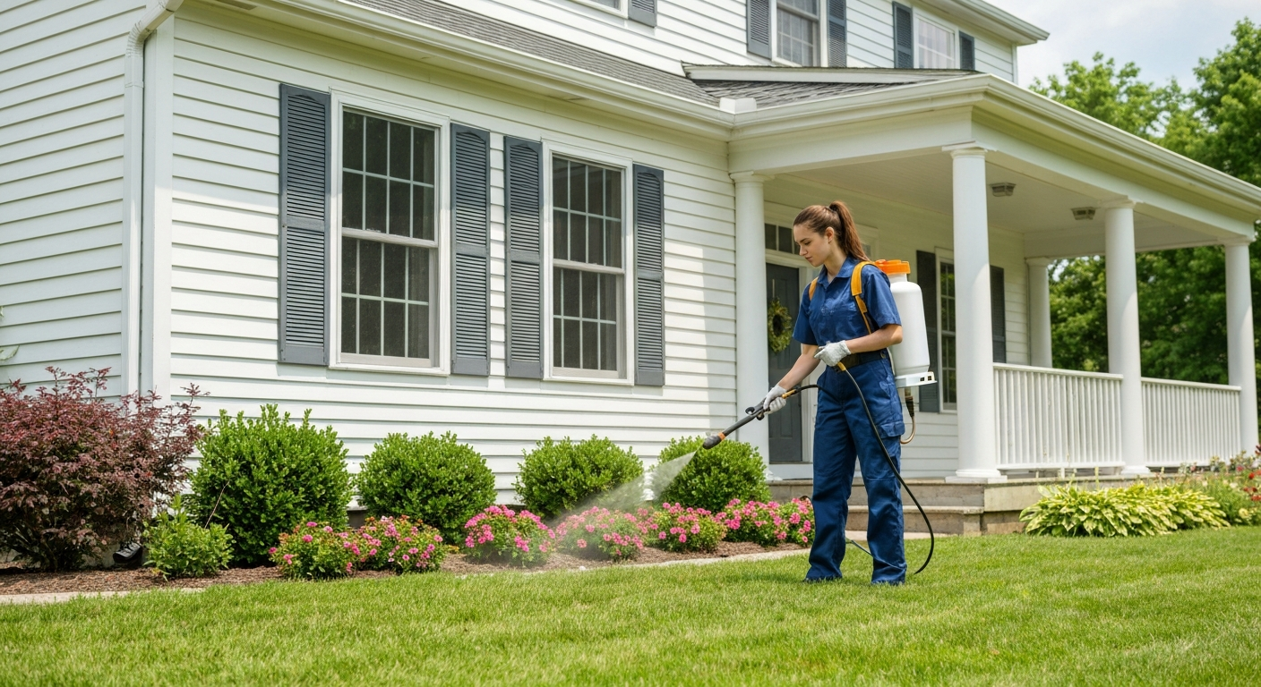 Pest control technician spraying exterior of home