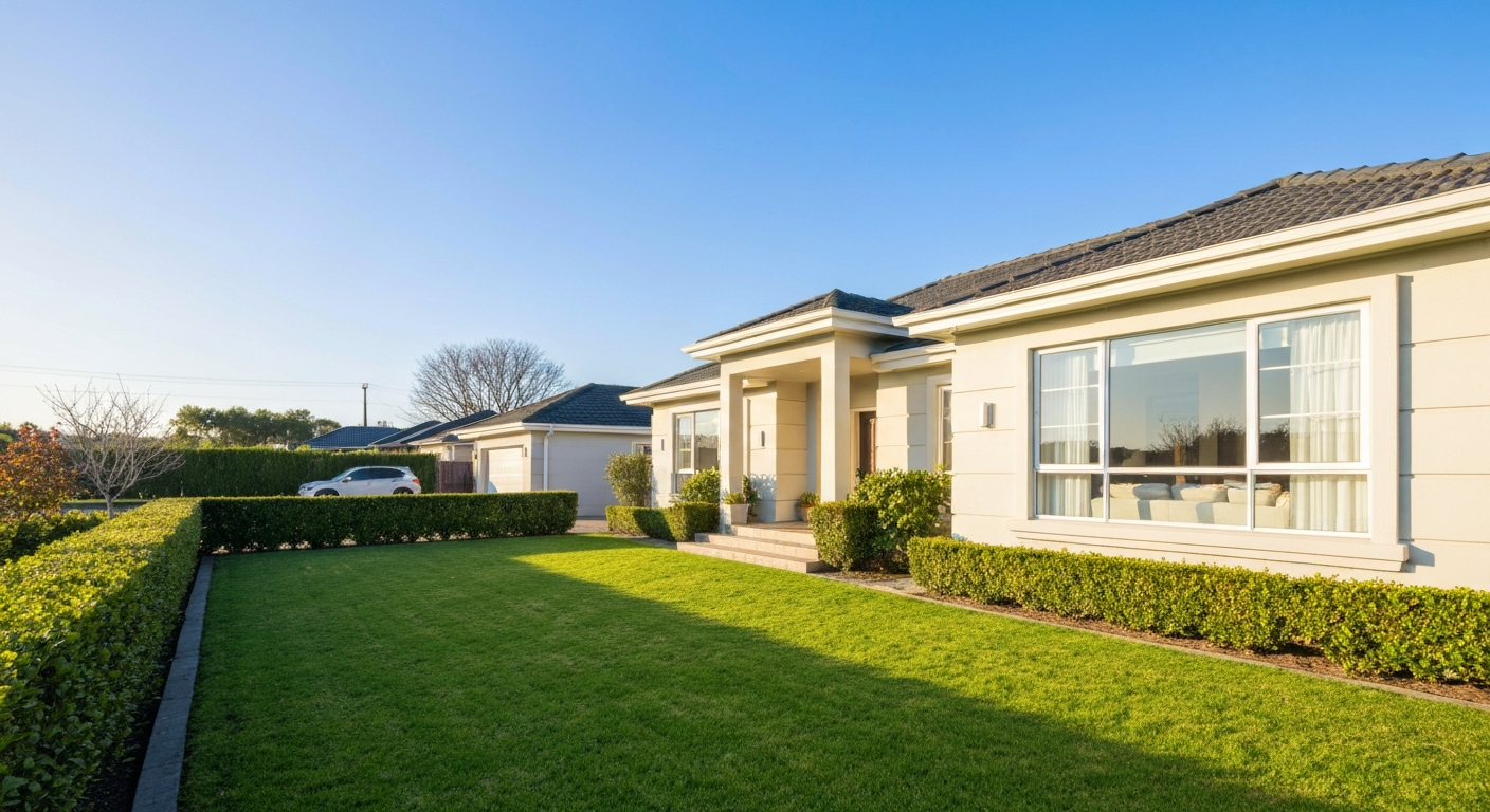 Beautiful suburban home with perfectly manicured green lawn