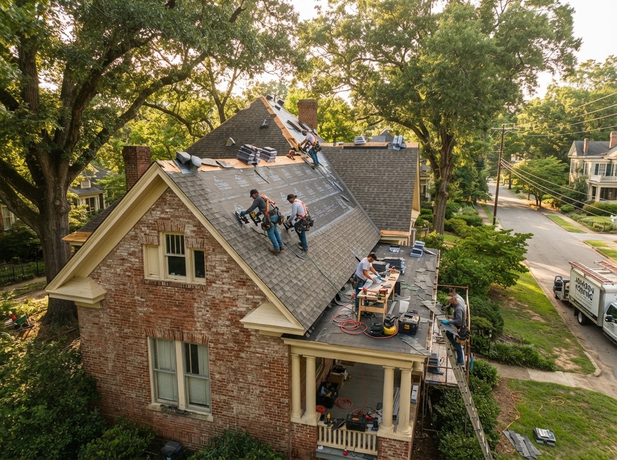 Roof replacement in progress on a historic brick home in Macon, Bibb County, GA