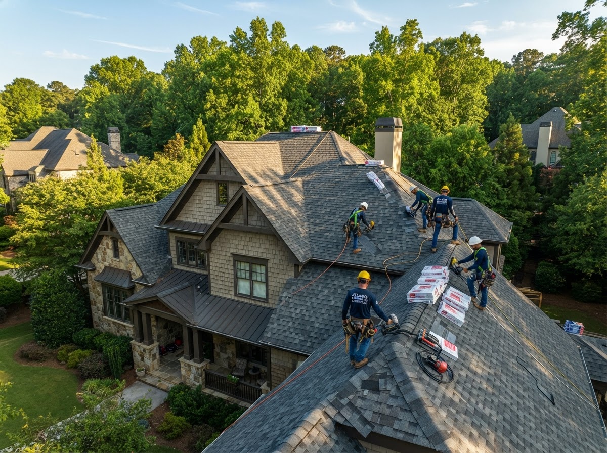 Graceful Living Roofing crew installing architectural shingles on a Buckhead craftsman home in Atlanta, GA