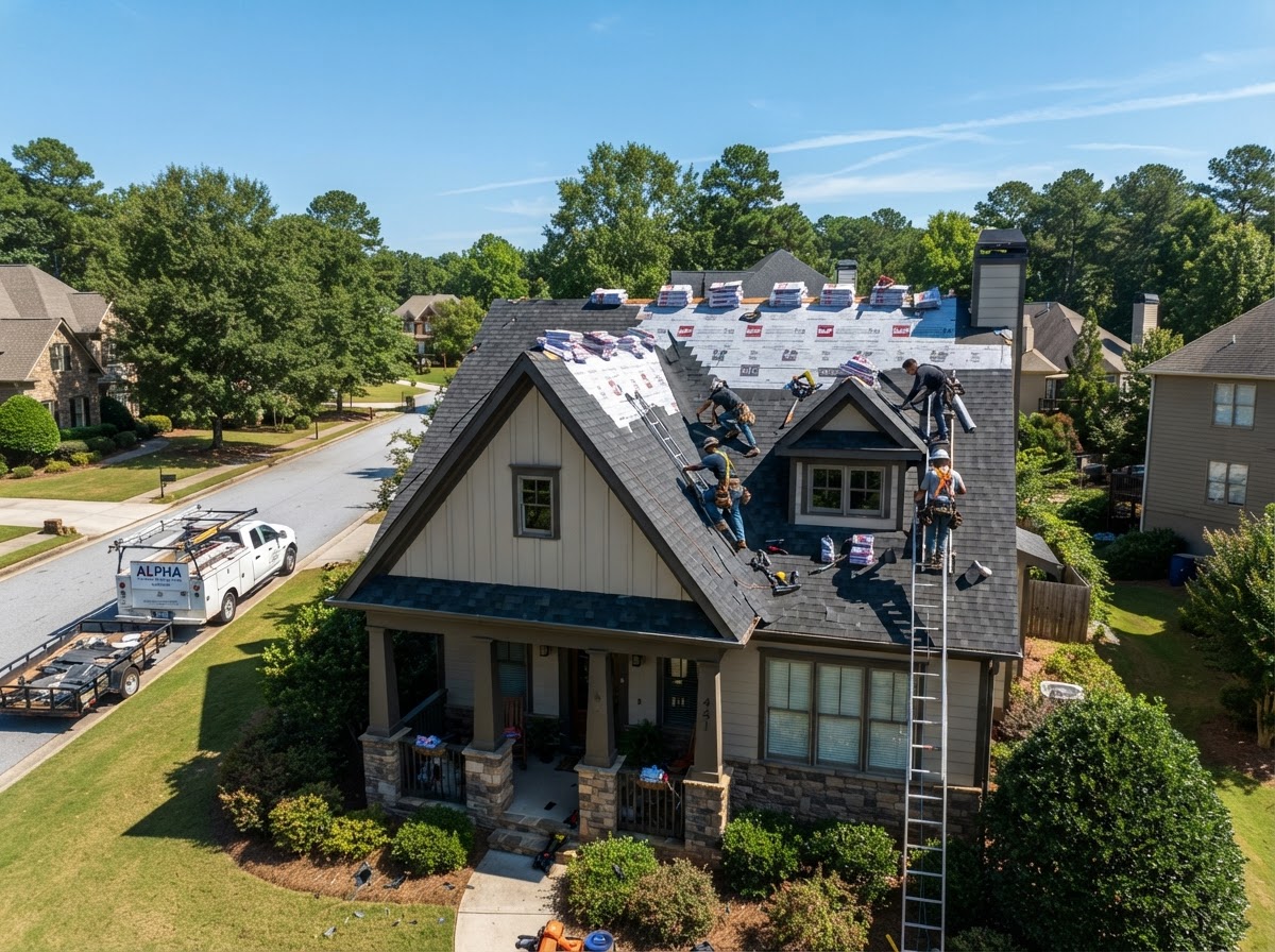 Residential roof replacement on a two-story craftsman home in Lawrenceville, Gwinnett County, GA
