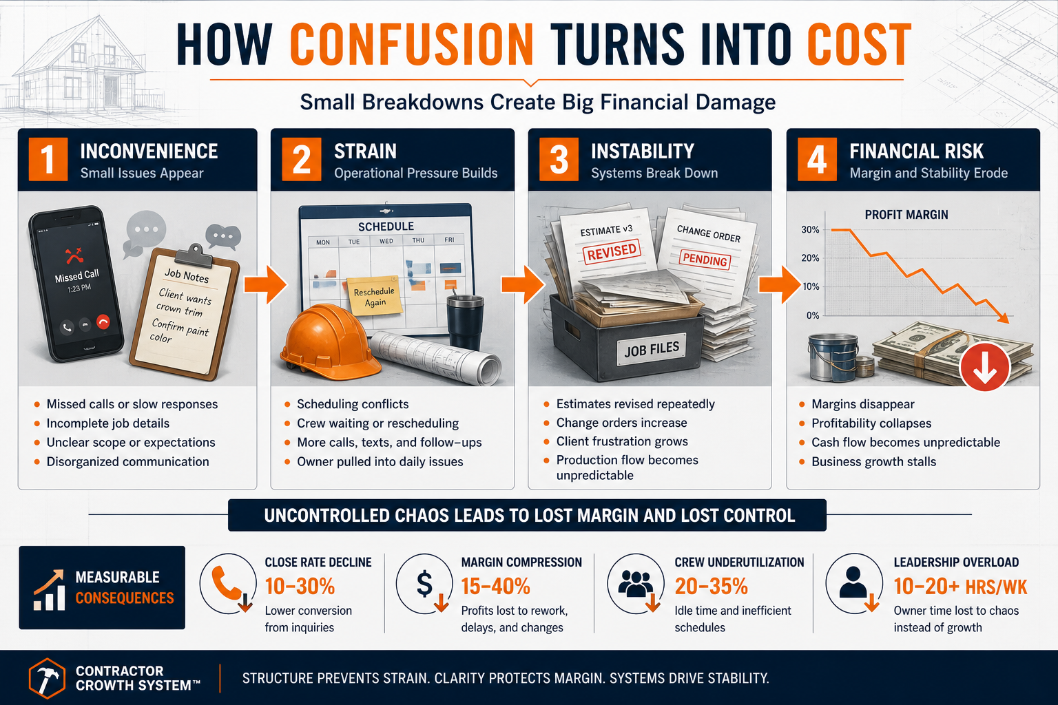 How Confusion Turns Into Cost diagram showing four stages: inconvenience, strain, instability, and financial risk, plus measurable consequences including close rate decline, margin compression, crew underutilization, and leadership overload.