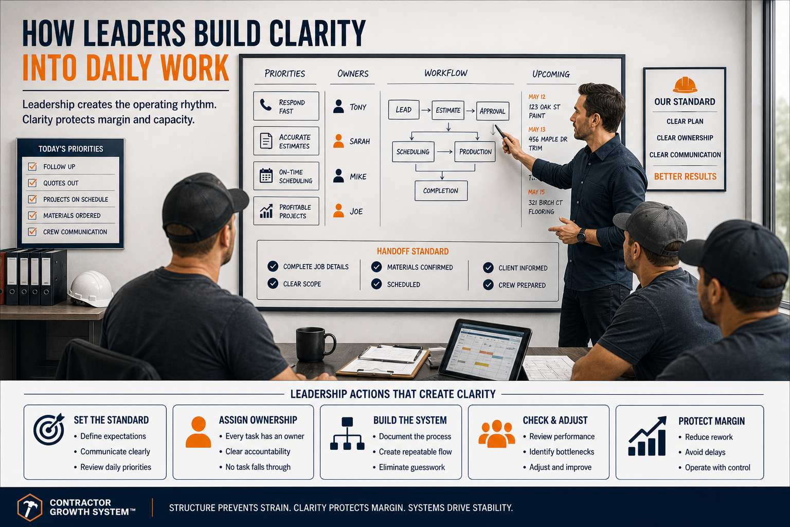 How Leaders Build Clarity Into Daily Work diagram showing a contractor team reviewing priorities, ownership, workflow, handoff standards, and leadership actions that create clarity.