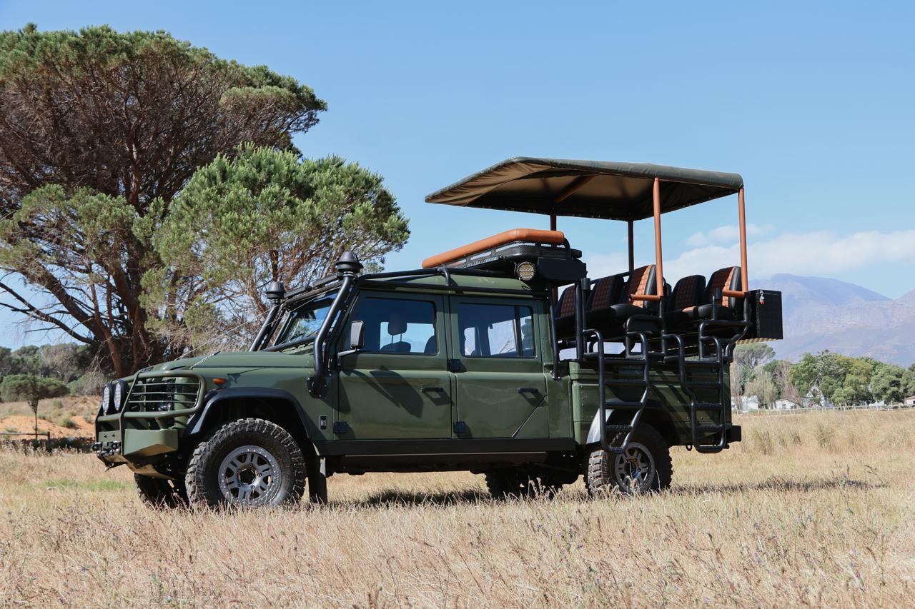 Classic Land Rover Defender safari build in South African landscape