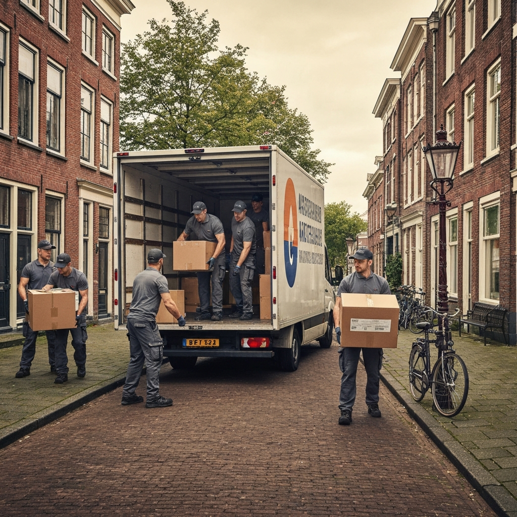 Professioneel verhuisteam van Snelverhuizen laadt met spoed inboedel in een verhuiswagen in Amsterdam