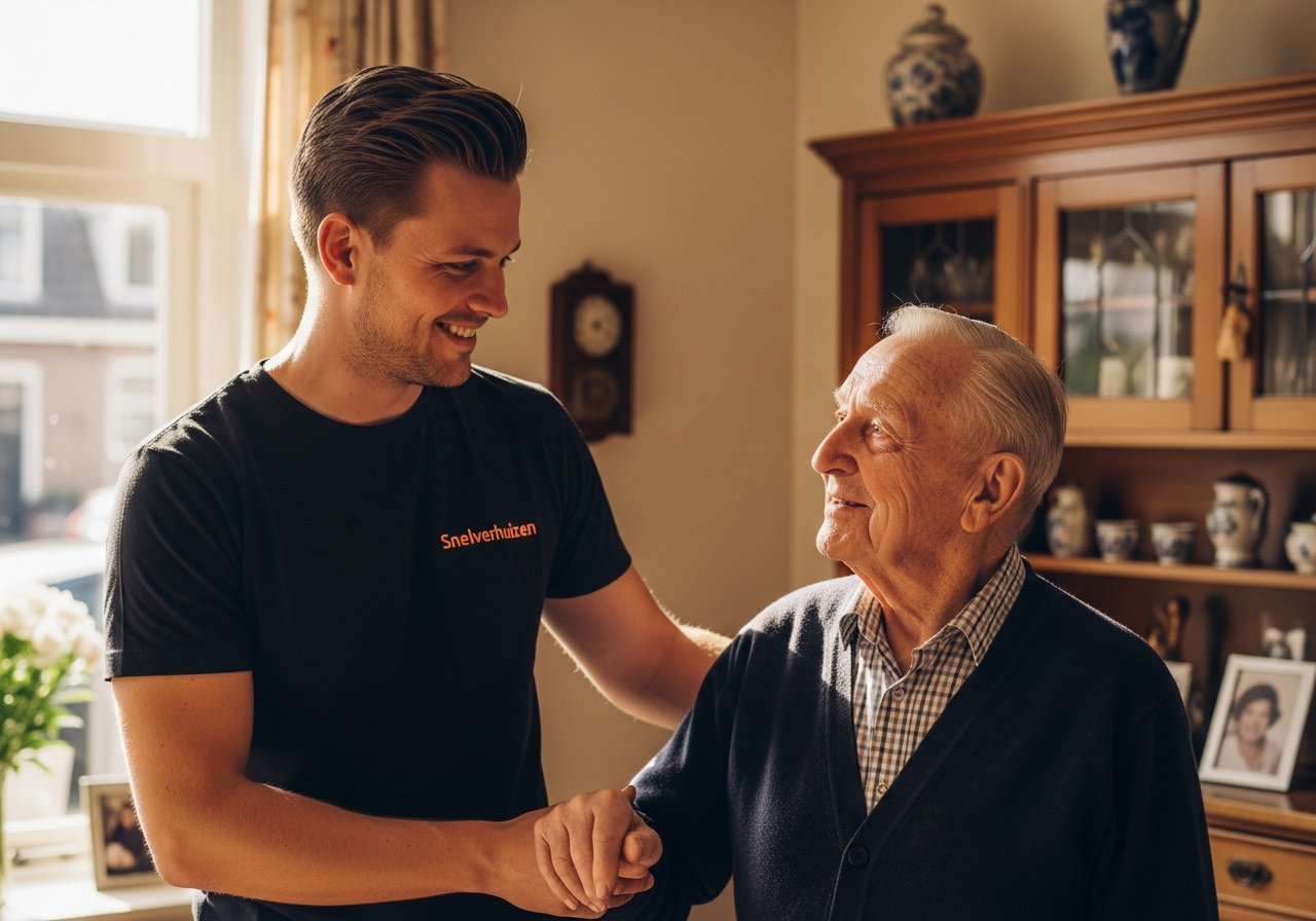 Snelverhuizen verhuizer in zwart shirt met oranje logo helpt bejaarde man zorgvuldig bij seniorenverhuizing